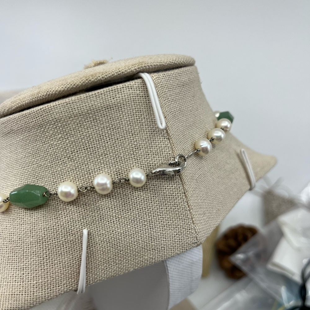Vintage Green Jade Nephrite & Pearl Sterling Silver Necklace 925 Estate 16" - Picture 8 of 17